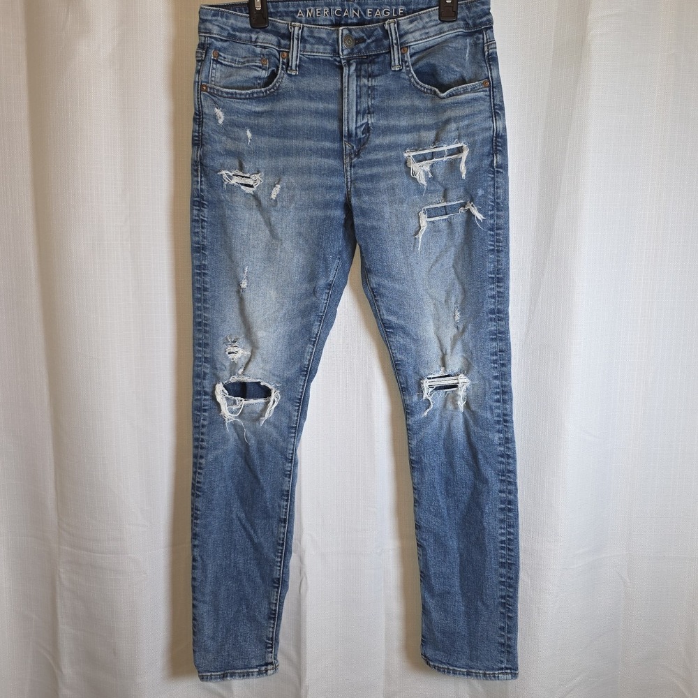 American Eagle Jeans Mens‎ 32x32 Medium Blue Denim Airflex 360 Skinny Distressed